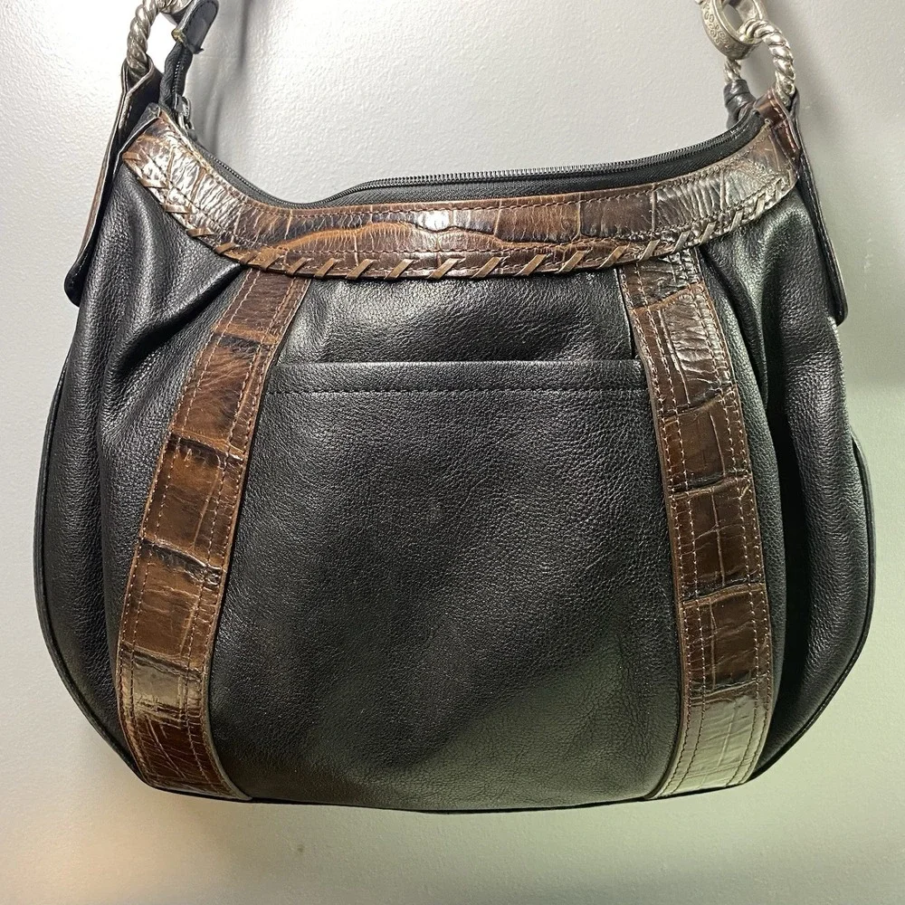 BRIGHTON Leather Women's Croc Purse Black&Brown Bag Tassel Hobo‎  9x13x2.5